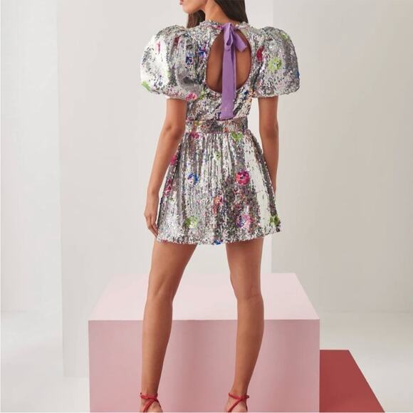 CeliaB Wonderer Silver Sequins Floral Statement Puff Sleeves Mini Dress NEW XXS - Picture 8 of 14